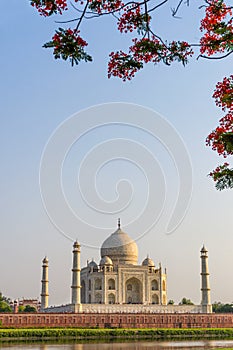 Landscape of the Taj Mahal from north side across the Yamuna river at sunset