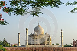 Landscape of the Taj Mahal from north side across the Yamuna river at sunset