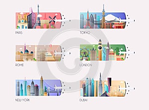 Landscape template. Vector global travel destinations icon set