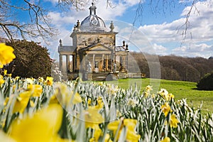Landscape of The Temple of the Four Winds in the gardens of Castle Howard with wild daffodils