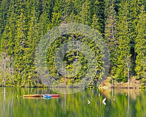 Landscape of three boats in the Red lake Romania