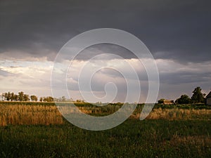 Landscape thunderclouds over the field and trees in a summer day in the village