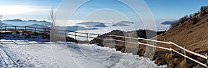 Landscape to the Po plain and Farno Mountain. The fog covers all the villages and the Padana plain