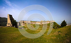 Landscape to ruined Kanine Castle and Shushica mountain, Vlore, Albania