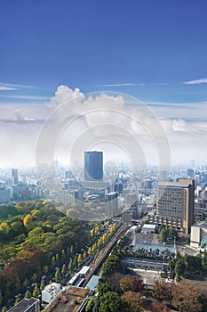 Landscape of tokyo city skyline in Aerial view with skyscraper, modern office building and blue sky with cloudy sky background in