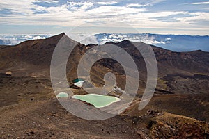 Landscape of tongariro with blue and green crater lakes in new zealand north island
