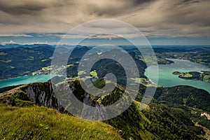 Landscape on the top of the hiking trail to the Schafberg and view of landscape over the Wolfgangsee and Mondsee