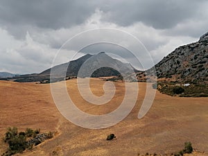 Landscape of the Torcal mountains on a day with clouds in Antequera Malaga Andalusia, Spain. It is a unique natural site, declared photo