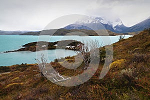 Landscape of Torres del Paine NP with the turquoise of Lago Pehoe, Chile photo