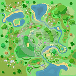 Landscape and tourist camp in the forest. Top view Terrain design. Vector illustration.