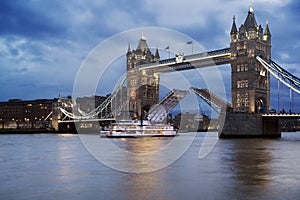 Landscape of Tower Bridge in London at twilight opening against