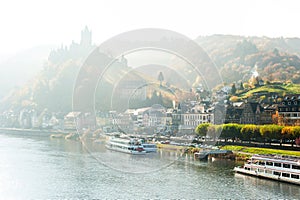 Landscape with town Cochem on river moselle with reichsburg cast