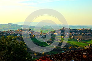 Landscape with towns surrounded by green fresh nature in Monte Vidon Corrado