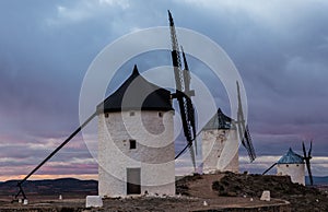 Landscape of traditional white windmills in Consuegra, Toledo, Spain