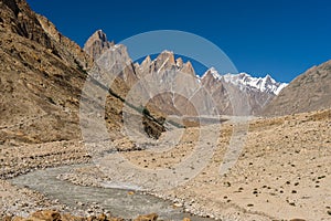 Landscape of Trango tower family, Lobsang spire and river, K2 tr