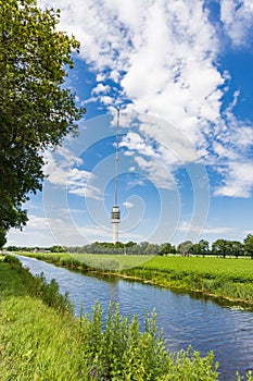 Landscape with transmission tower Smilde The Netherlands