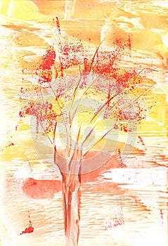 Landscape, tree, autumn, nature. Encaustic, art decoration, sketch. Illustration hand drawn modern, hot wax new