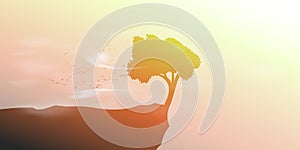 Landscape with tree on a precipice in the wind.