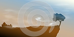 Landscape with tree on a precipice in the wind.