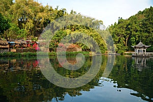 Landscape with trees and ancient architecture