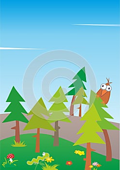 Landscape with trees, field and animals, vector illustration
