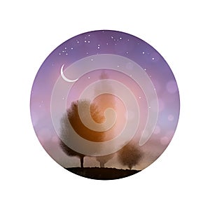 Landscape with trees and the night sky with stars and the Moon in circle