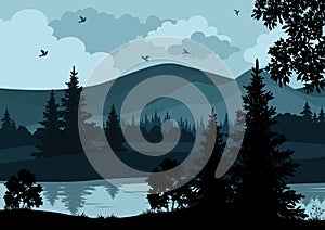 Landscape, trees, river and mountains