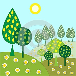Landscape with trees and sunshine daisies