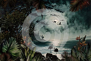 Landscape of a tropical beach at night on an island with plants, trees, birds, flamingos and the moon