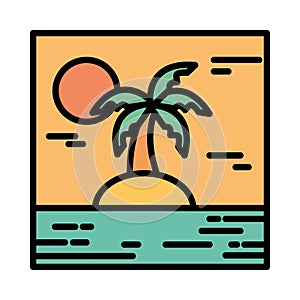 Landscape tropical island palm tree sun cartoon line and fill style