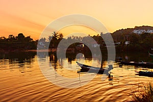 Landscape. Tropical Island Sunset With Floating Boat. Nature Background. Thailand.