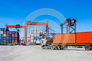 Landscape of truck, containers and crane at trade port