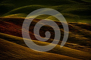 Landscape in Tuscany, near the Siana and Pienza, Sunrise morning in Italy. Idyllic view on hilly meadow in Tuscany in beautiful