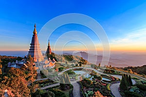 Landscape of two big pagoda on the top of Doi Inthanon mountain, Chiang mai Thailand