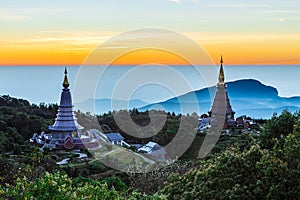 Landscape of two pagoda in an Inthanon mountain, Chiangmai, Thailand