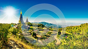 Landscape of two pagoda noppha methanidon-noppha phon phum siri stupa in an Inthanon mountain, chiang mai, Thailand