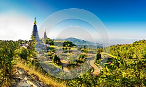 Landscape of two pagoda noppha methanidon-noppha phon phum siri stupa in an Inthanon mountain, chiang mai, Thailand