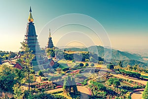 Landscape of two pagoda noppha methanidon-noppha phon phum siri stupa in an Inthanon mountain, chiang mai, Thailand