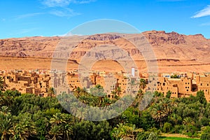 Landscape of a typical moroccan berber village with oasis in the