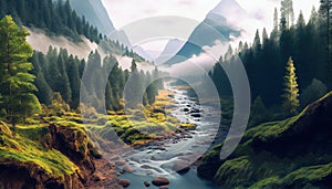 The Landscape of Untameable Nature of Mountains and River Forest Background AI Generative photo