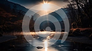 The Landscape of Untameable Nature of Snow Mountains and River Forest Background AI Generative