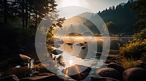 The Landscape of Untameable Nature of Snow Mountains and River Forest Background AI Generative