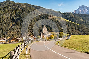 Landscape of Val Badia with Castel Tor in San Martino in Badia, province of Bolzano, South Tyrol