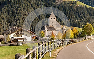 Landscape of Val Badia with Castel Tor in San Martino in Badia, province of Bolzano, South Tyrol