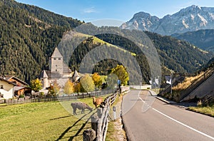 Landscape of Val Badia with Castel Tor in San Martino in Badia, province of Bolzano, South Tyrol