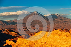 Landscape from Valle de la Muerte in Spanish, Death Valley with the volcanoes Licancabur and Juriques in the Atacama Desert