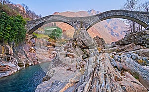 The landscape of Valle Verzasca and Salt Bridge of Lavertezzo, Ticino, Switzerland