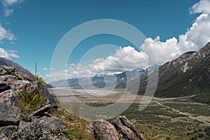 Landscape of valley with mountain range and Tasman river view. Aoraki, Mount Cook National Park. New Zealand