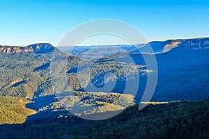 Landscape of valleys and plateaus in the Blue Mountains, Australia