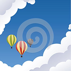 Landscape vector illustration. Clean blue sky with baloons.